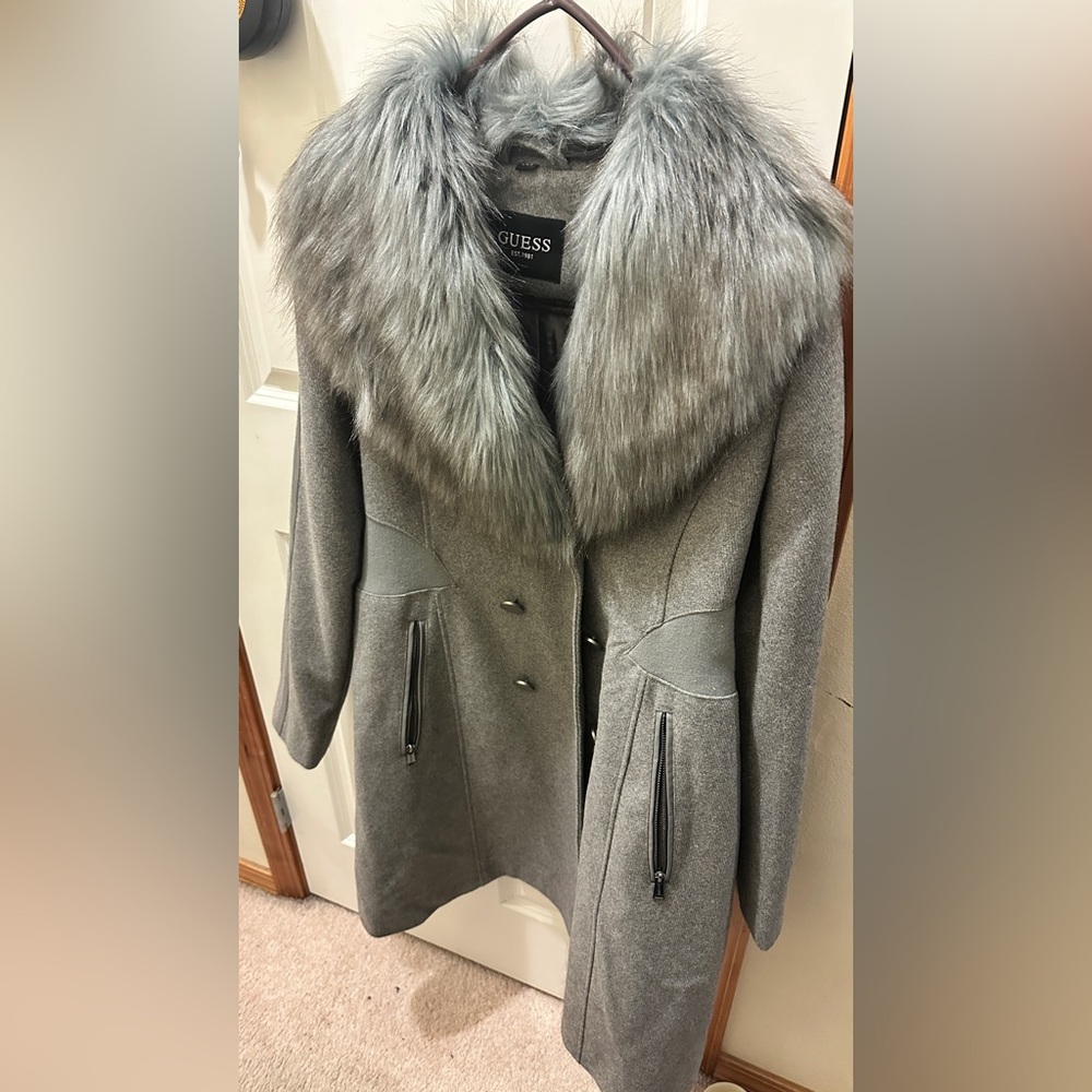GUESS Women's Gray Trench Coat with Faux Fur Collar